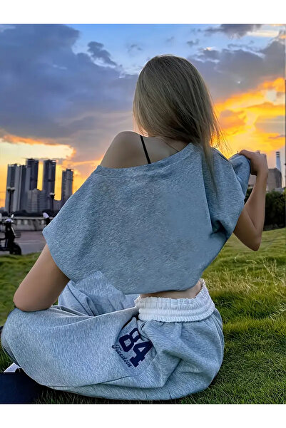 Keywest Women's 84 Printed Off Shoulder T-Shirt Sweatpants Double Suit