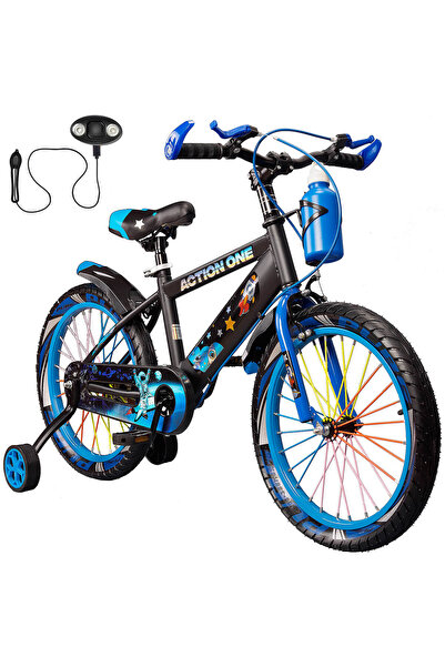 ACTION ONE Children's bicycle 6-8 years old with headlight and horn included, training wheels and water bottle Nova II, 18 inch, blue