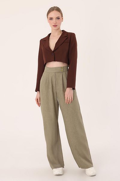 Hazel Women's Khaki Double Button Linen Palazzo Trousers