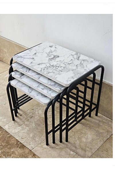 modülare Masa 4'lü Zigon Sehpa Metal Statik Ayaklı E1 Beyaz Ceviz Tepsi