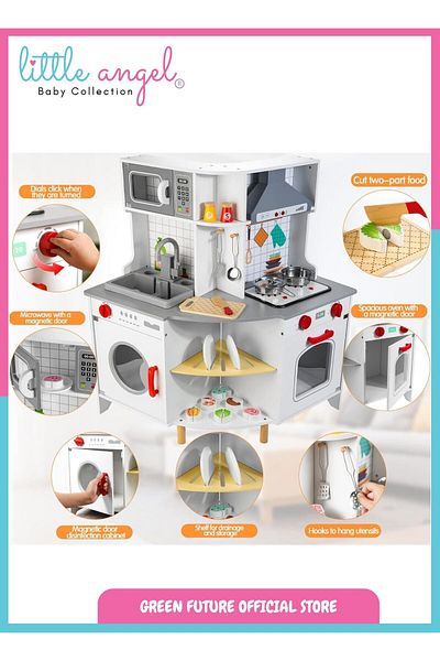 LITTLE ANGEL Luxury Kids Wooden Play Kitchen Set Pretend Cooking Toy