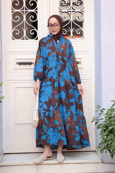 LOCCO Rochie de damă cu model de frunze mixte albastru