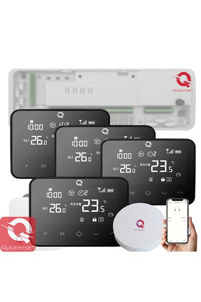 Quicksmart Kit automatizare încălzire prin pardoseală wireless Q20, controler 8 zone, 4 termostate Q20, hub Gateway, S