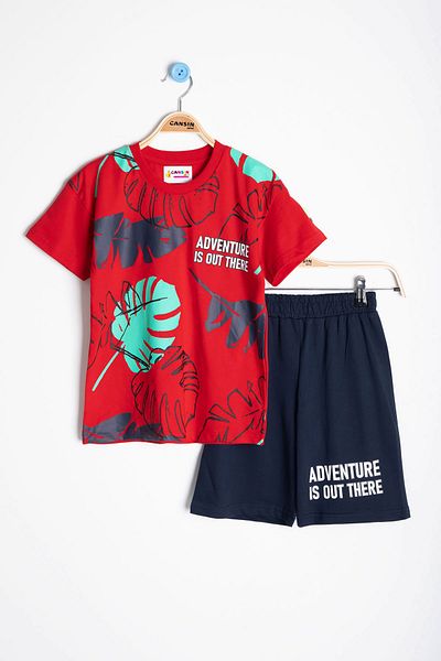 Cansın Mini Red Leaf Printed Crew Neck Boy's 2-Piece Shorts Suit 21060