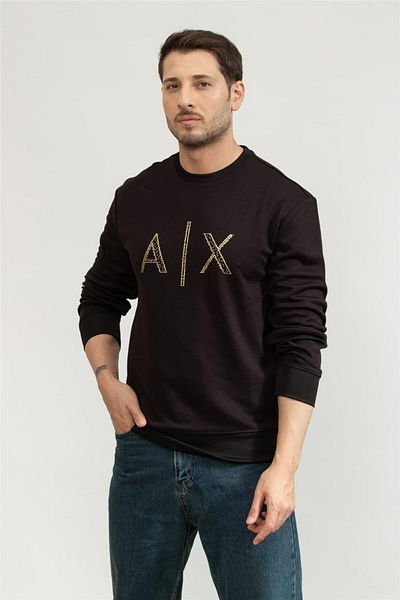 Armani Exchange Men's Regular Fit Gold Stone Decorated Ax Logo Round Neck Long Sleeve Black Sweatshirt Xm 000331