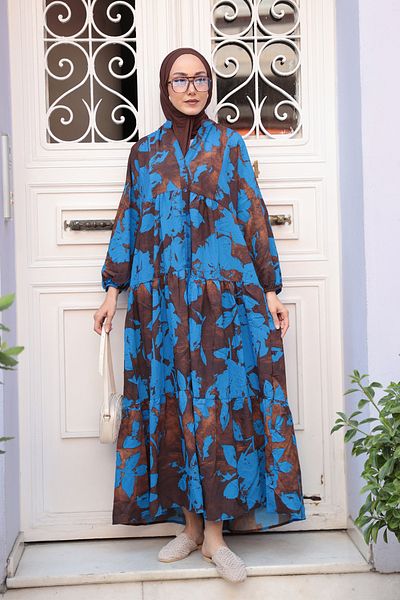 LOCCO Rochie de damă cu model de frunze mixte albastru
