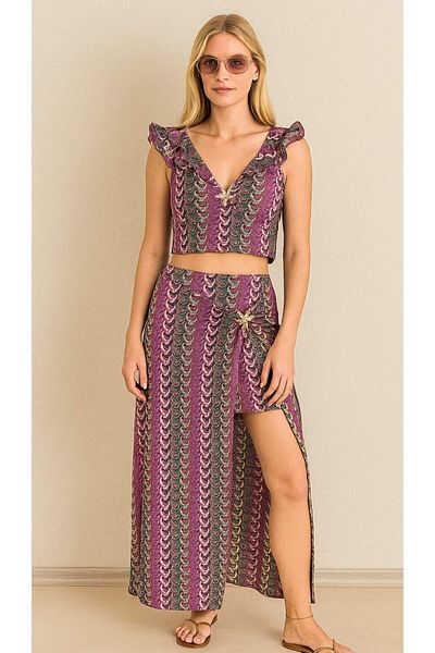 STLB Sleeveless Blouse – Wavy Patterned Suit with Slit Skirt (Imported)