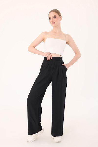Hazel Women's Black Double Button Linen Palazzo Trousers