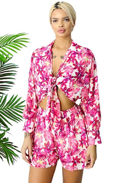FashionForYou AdeLLa summer outfit, with a flowy shirt and shorts, Pink, Size S/M