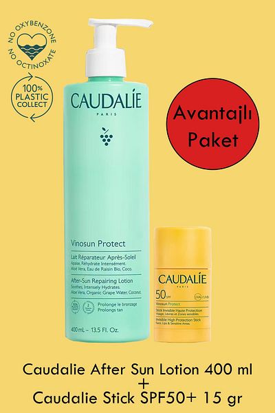 Caudalie Invisible High Protection Stick Spf50+ 15 Gr + Caudalie after Sun Repairing Lotion 400 ml