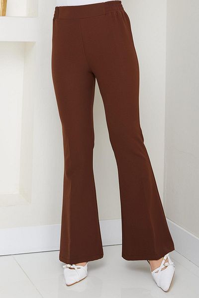 hafsamina Elastic Waist Spanish Leg Fabric Trousers Brown Hm2781
