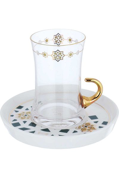 Alsaif Gallery Glass Tea Cups Set with Porcelain Saucers, Green and Gold Pattern, 12 Pieces - White