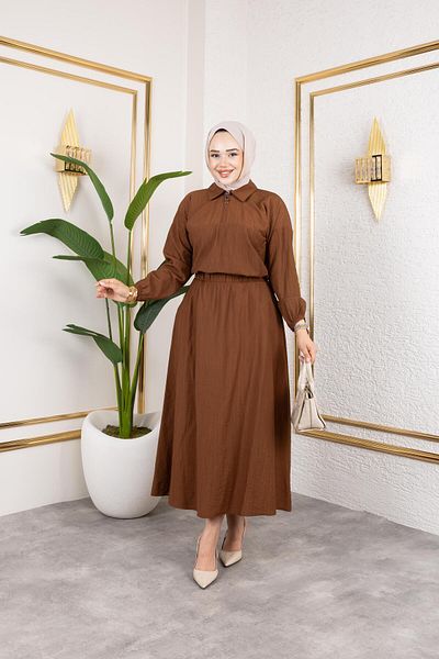 HARMAN BUTİK Women's Zipper Detailed Brown Strawberry Fabric Suit