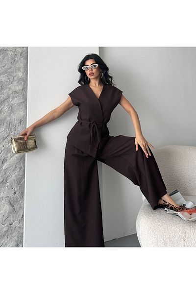 pembekurdelem Women's Oversize Tie-Up Vest Trousers Set Brown