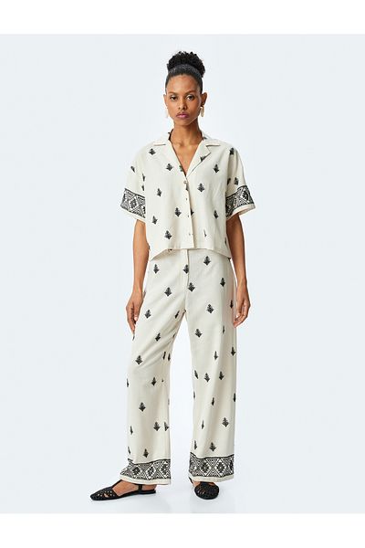 Koton Cotton Viscose Fabric Ethnic Pattern Embroidered Wide Leg Pants