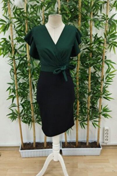 Mossta Μίντι φόρεμα με διπλό λαιμόκοψη, βολάν μανίκια και λεπτομέρεια με ζώνη - Πράσινο