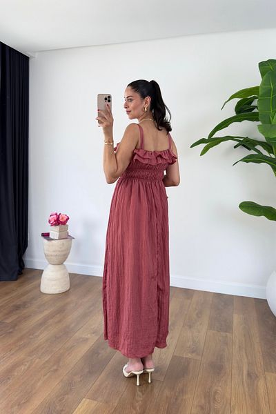 BİRCANÇİL Yugo Dusty Rose Ruffle Detailed Lined Dress