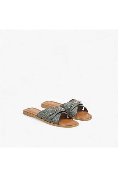 Flora Bella by Shoexpress Flora Bella Monogram Print Slip-On Flat Sandals with Metal Accent