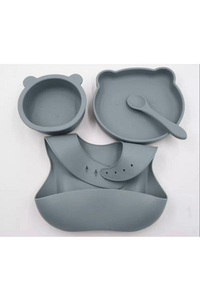 OEM Set silicon cu ventuză - Model ursuleț: bol, farfurie, bavetă, tacâmuri - gri/albastru