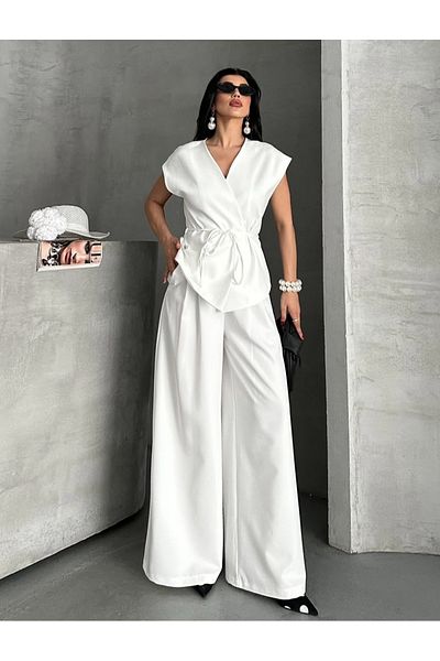 pembekurdelem Women's Oversize Tie-Up Vest Trousers Suit White