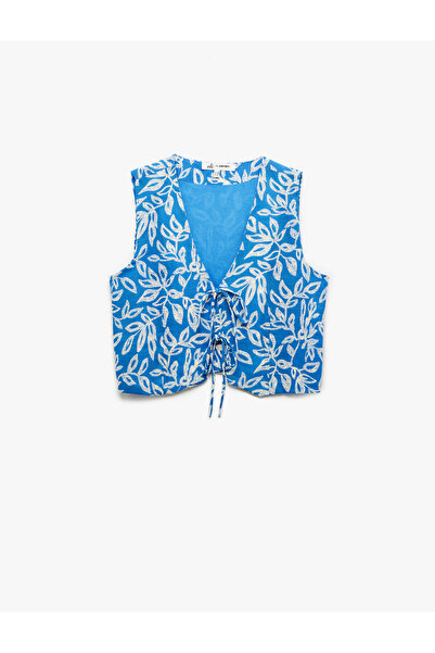 Koton Floral Patterned V-Neck Sleeveless Crop Vest with Tie Detail