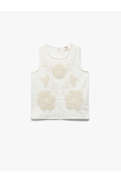 Koton Cotton Sleeveless Crew Neck Applique Floral Detail Blouse