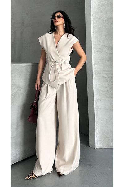pembekurdelem Women's Oversize Tie-Up Vest Trousers Suit Stone
