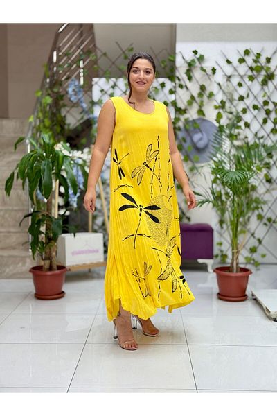 Punta Otantik Vl3035 Sleeveless Printed Voile Dress Yellow