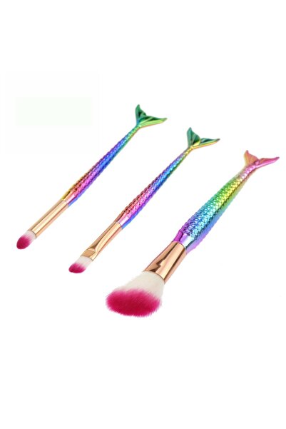 Flippy Set of 3 Mermaid Makeup Brushes, Electroplated, Ergonomic Handle, Soft Bristles