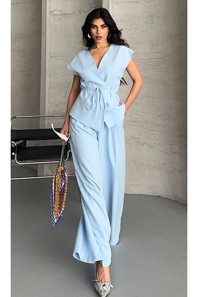 pembekurdelem Women's Oversize Tie-Up Vest Trousers Set Baby Blue