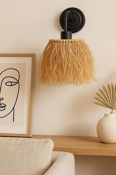 oceanpoint Raffia Wall Sconce, Natural, Black Metal Body, Boho Style Handmade Lighting, 27X22 cm