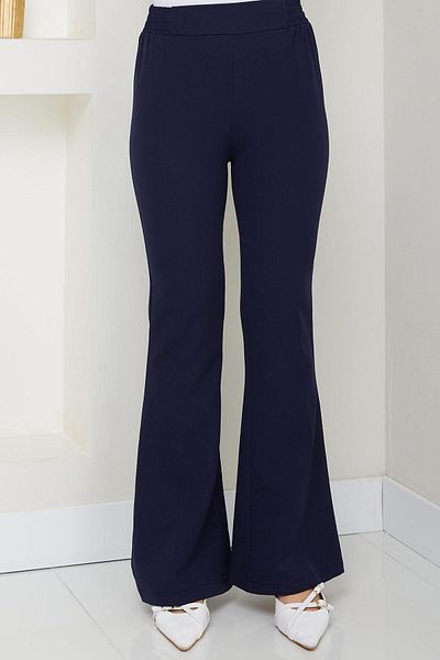 hafsamina Elastic Waist Spanish Leg Fabric Trousers Navy Blue Hm2781
