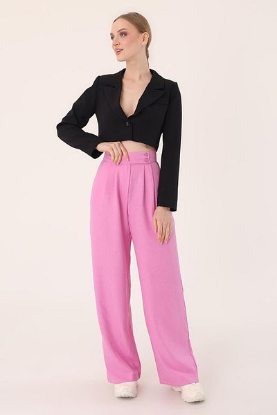 Hazel Women's Pink Double Button Linen Palazzo Trousers