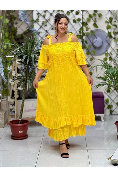 Punta Vl1900 Lace Voile Dress with Rope Strap Front Back Yellow
