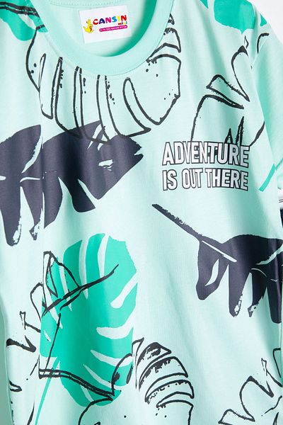 Cansın Mini Mint Leaf Printed Crew Neck Boys 2-Piece Shorts Set 21059