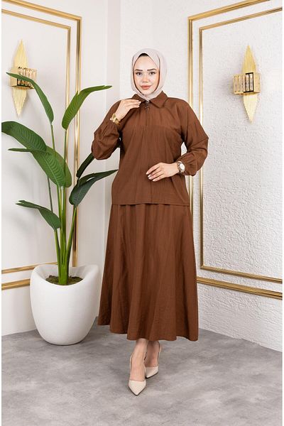 HARMAN BUTİK Women's Zipper Detailed Brown Strawberry Fabric Suit