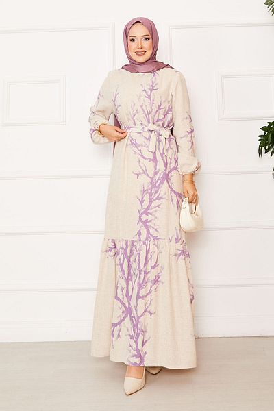 EBRUTESETTÜR Linen Patterned Dress with Belted Waist