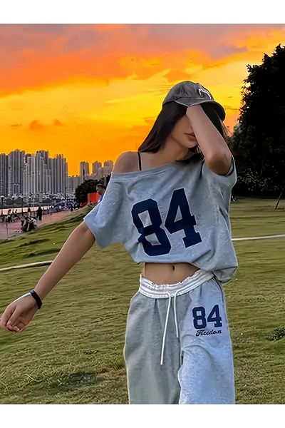 Keywest Women's 84 Printed Off Shoulder T-Shirt Sweatpants Double Suit