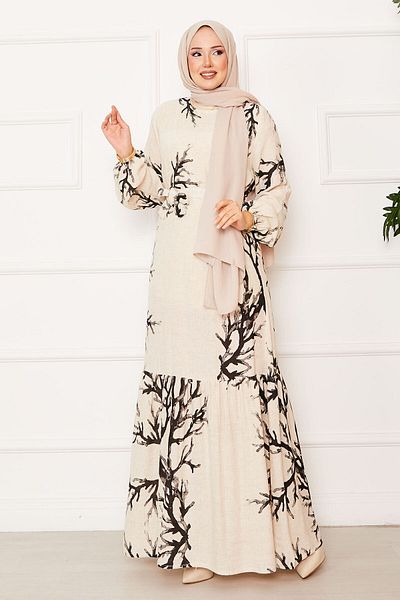 EBRUTESETTÜR Linen Patterned Dress with Belted Waist