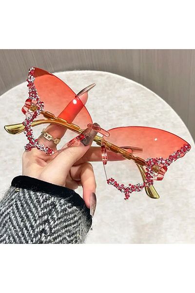 SUNA Somon Stylish Butterfly-Shaped Rimless Fashion Sunglasses with Twinkling Stones