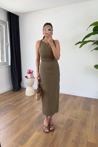 BİRCANÇİL Broen Khaki Back Slit Shoulder Detailed Dress