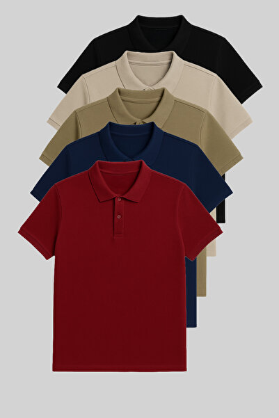 MAXIMILLIAN Ανδρικό μπλουζάκι 5 τεμαχίων 100% βαμβακερό γιακά πόλο μαύρο-γκρι-χακί-ναυτικό-μπλε-μπορντό