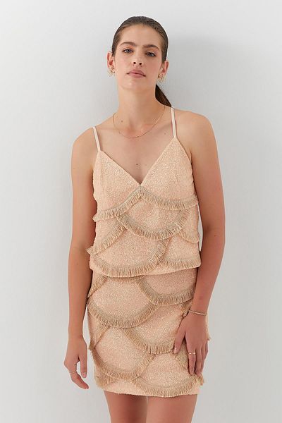 MARKALİSTE Sequined Skirt Suit with Rope Strap Inside Melon