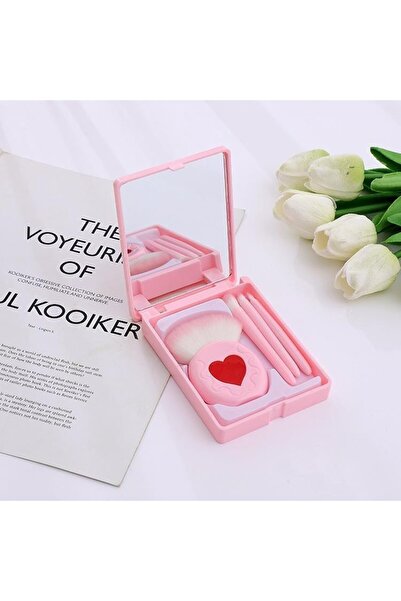 Flippy Set of 4 Mini Portable Makeup Brushes with Mirror Case, Soft Synthetic Hair, Pink, Heart Design, 12x