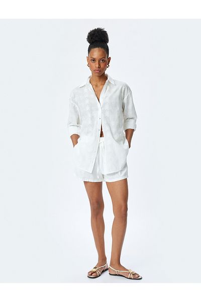 Koton Cotton Classic Collar Long Sleeve Embroidered Oversize Shirt