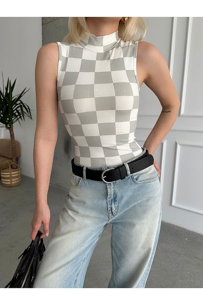 ladyzey Women's Gray Checkerboard Turtleneck Tank Top