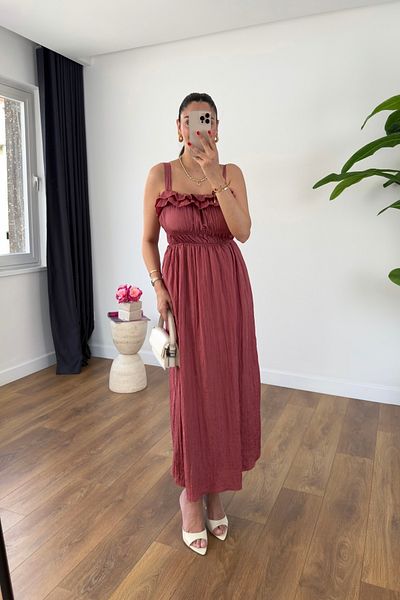 BİRCANÇİL Yugo Dusty Rose Ruffle Detailed Lined Dress