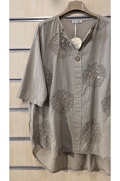 Park Moda Италианска памучна риза с флорални мотиви и пайети