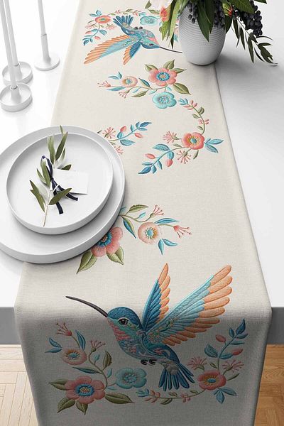 Pilloveland Runner Bird Embroidery Patterned Suede Woven 140*40 cm