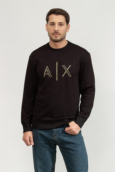 Armani Exchange Men's Regular Fit Gold Stone Decorated Ax Logo Round Neck Long Sleeve Black Sweatshirt Xm 000331